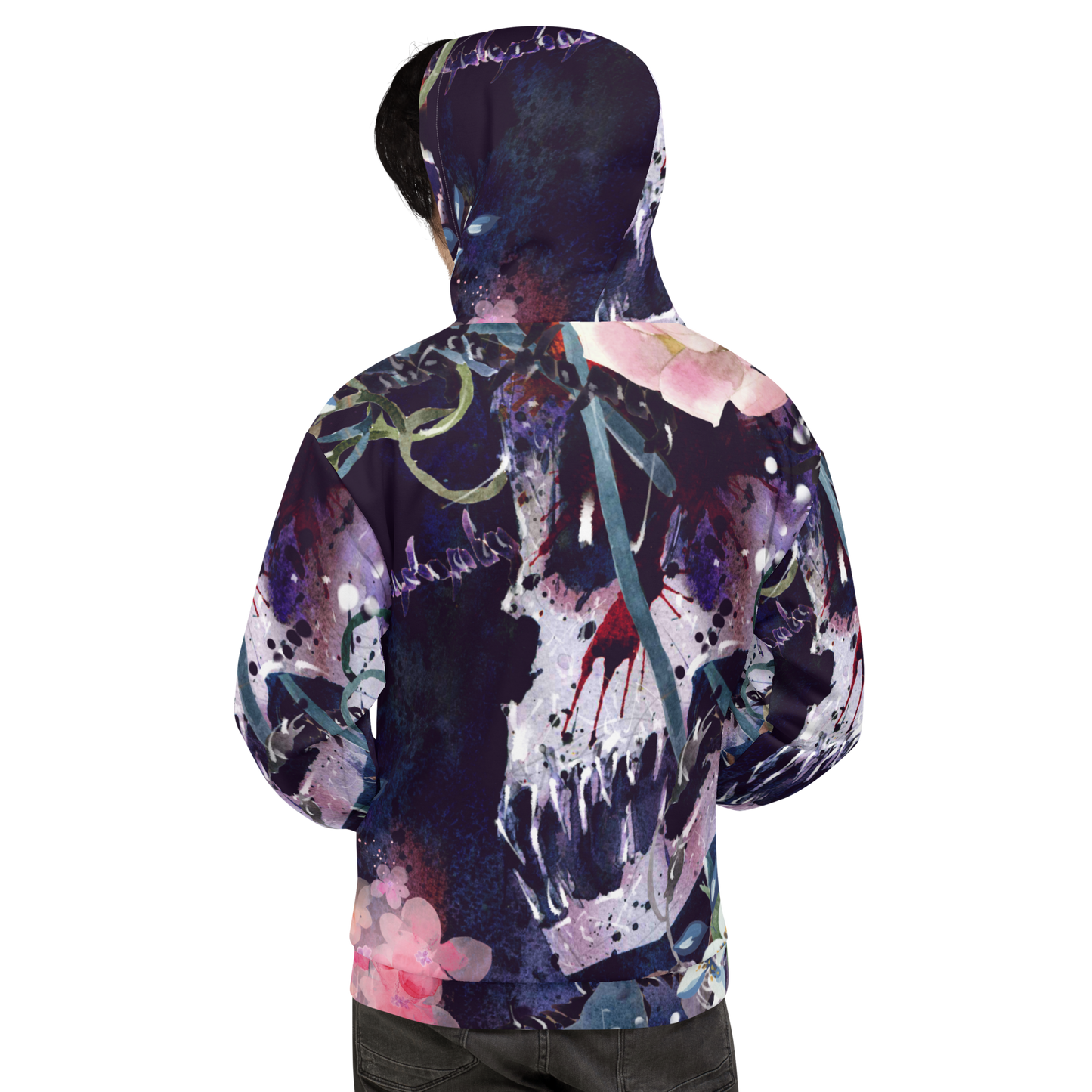 WATERCOLOR SKULL FLORAL ALL OVER PRINT UNISEX HOODIE