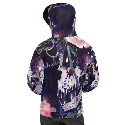 WATERCOLOR SKULL FLORAL ALL OVER PRINT UNISEX HOODIE