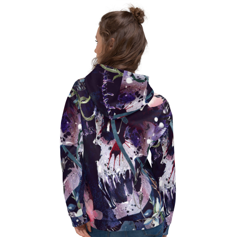 WATERCOLOR SKULL FLORAL ALL OVER PRINT UNISEX HOODIE
