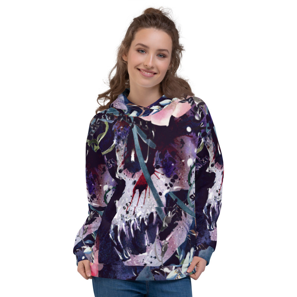 WATERCOLOR SKULL FLORAL ALL OVER PRINT UNISEX HOODIE