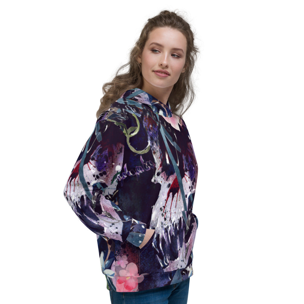 WATERCOLOR SKULL FLORAL ALL OVER PRINT UNISEX HOODIE