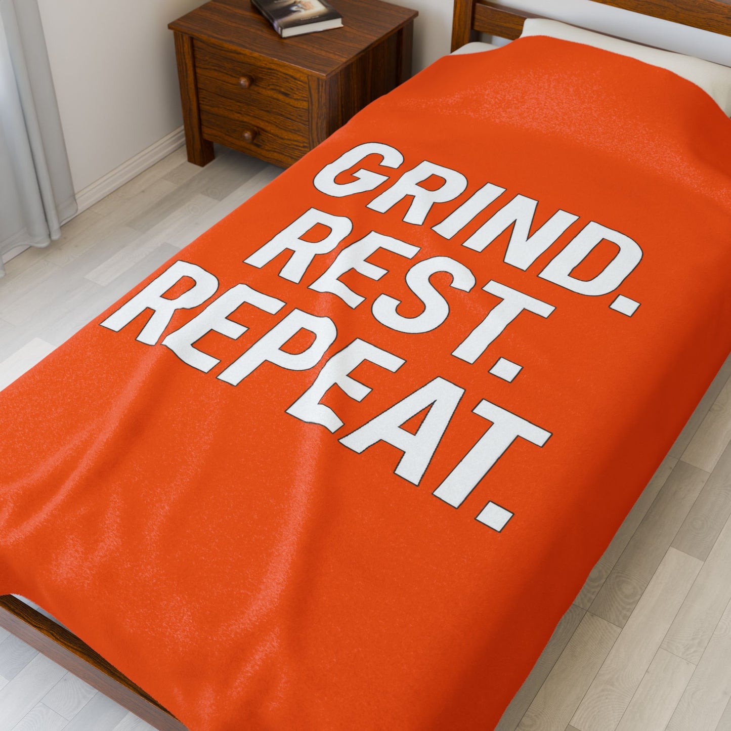 Motivational Velveteen Plush Blanket — "GRIND. REST. REPEAT." Orange Comfort Throw