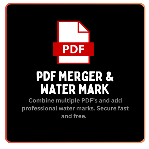 Promotional graphic for PDF merger and watermark service with a red and white icon on a black background.