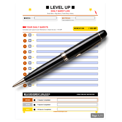 Daily quest log sheet with a pen on top, featuring 'Level Up' branding.