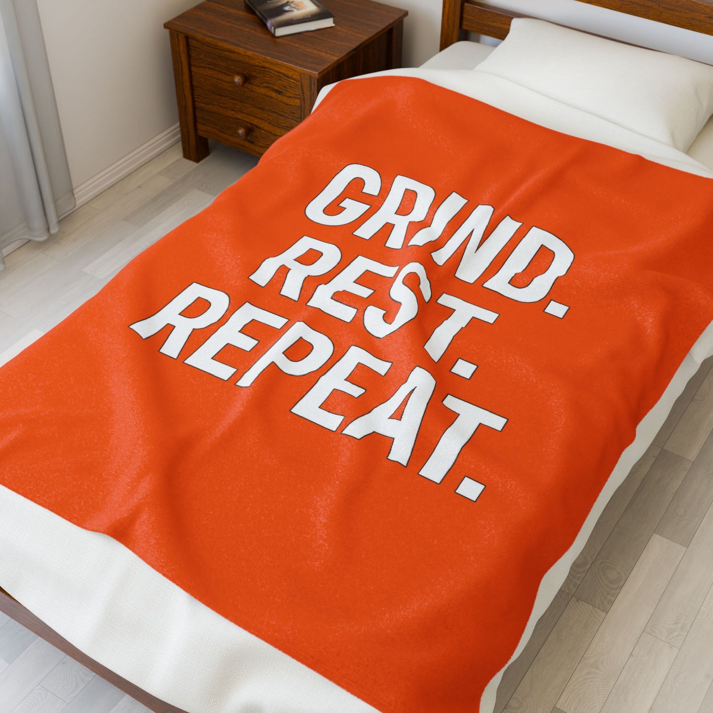 Motivational Velveteen Plush Blanket — "GRIND. REST. REPEAT." Orange Comfort Throw