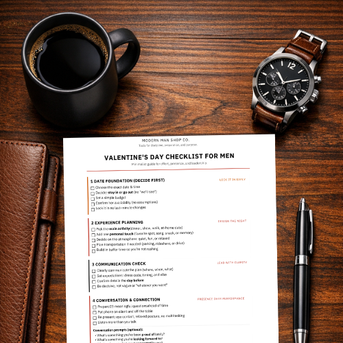 Valentine's Day checklist for men on a wooden surface with a cup of coffee, watch, and pen.