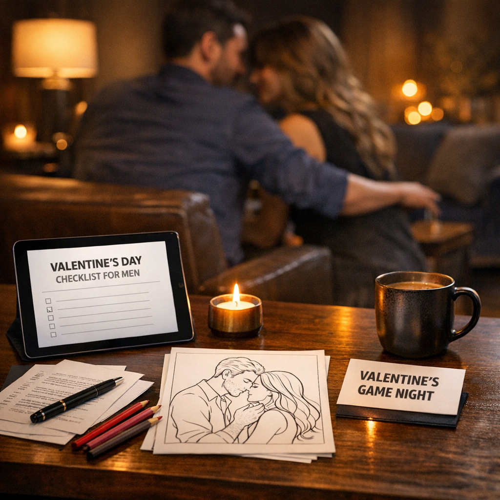 Couple using a digital Valentine's Day checklist and coloring pages in a cozy, candlelit living room."
