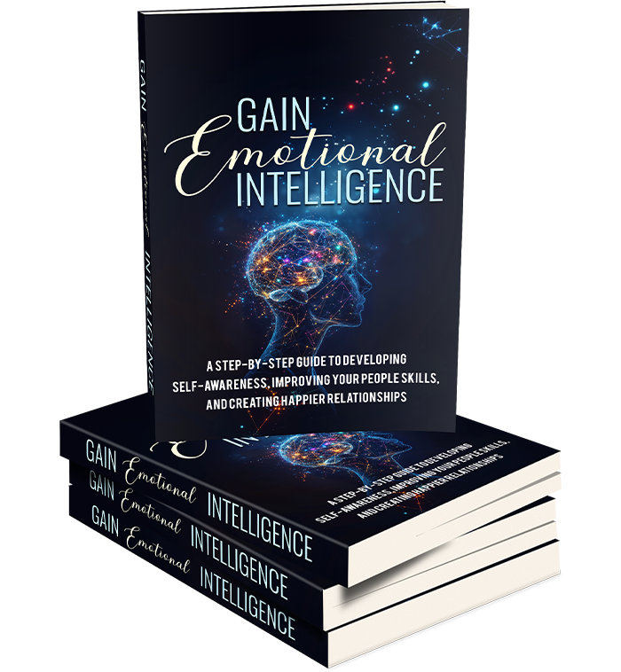 Book titled 'Gain Emotional Intelligence' with a brain illustration on a white background