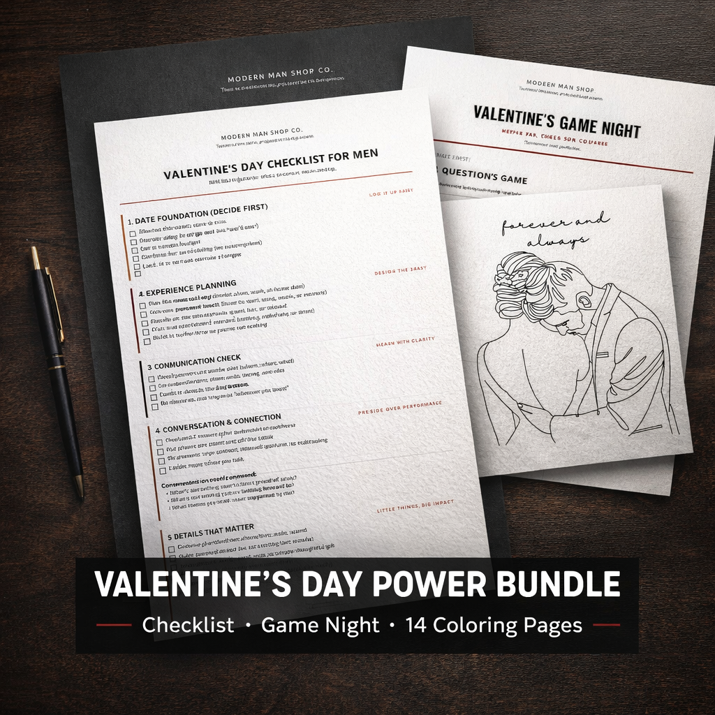 Modern Man Shop Co Valentine's Day Power Bundle featuring checklist, game night, and coloring pages on a luxury dark wood desk.