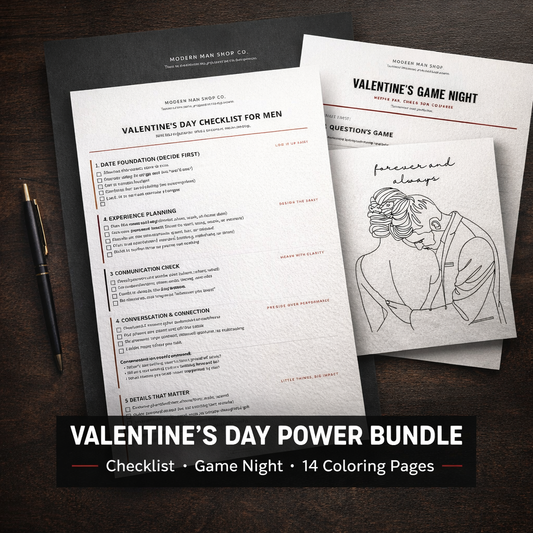 Modern Man Shop Co Valentine's Day Power Bundle featuring checklist, game night, and coloring pages on a luxury dark wood desk.