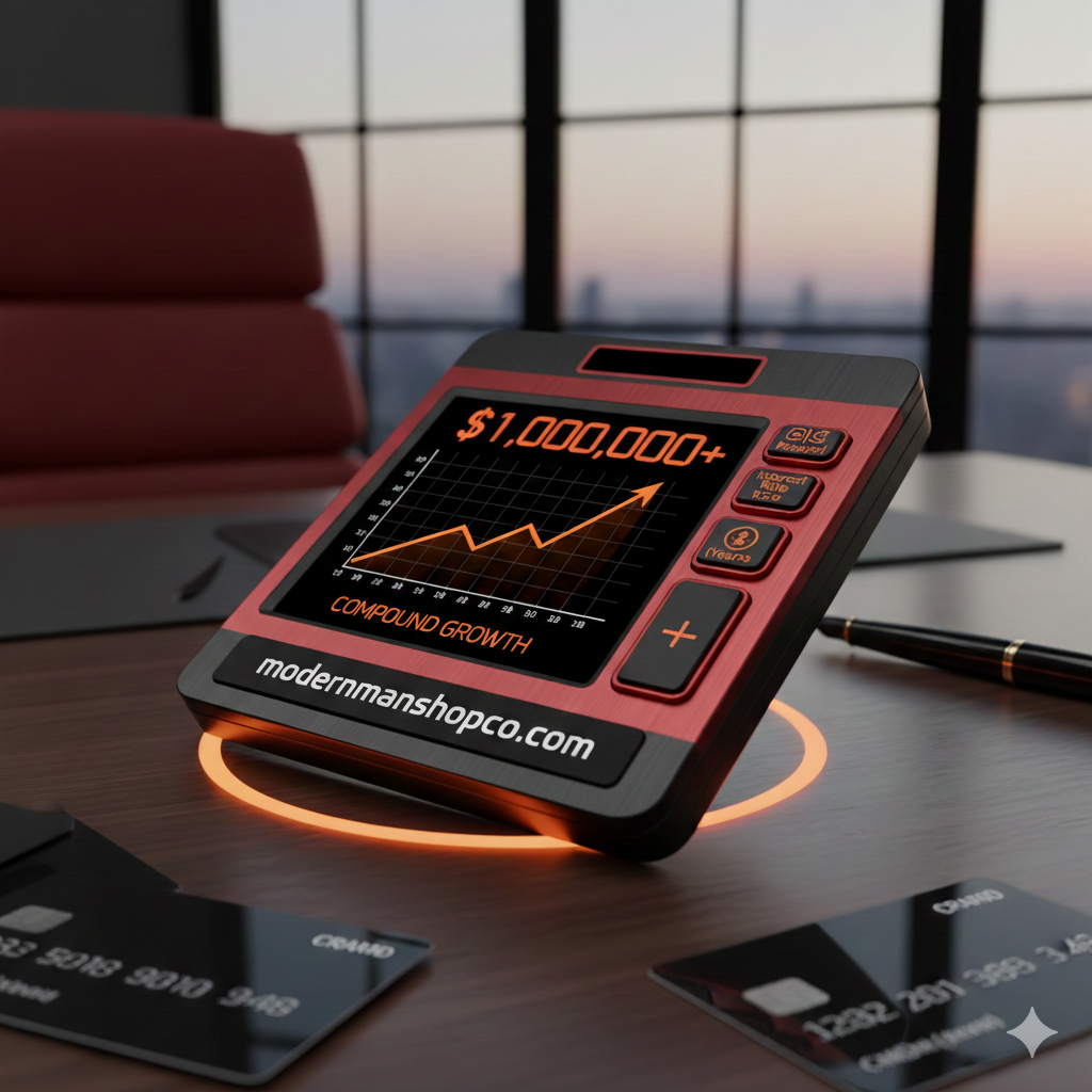 Modernist shop product on a desk with financial graphics and 'modernmashopco.com' branding.