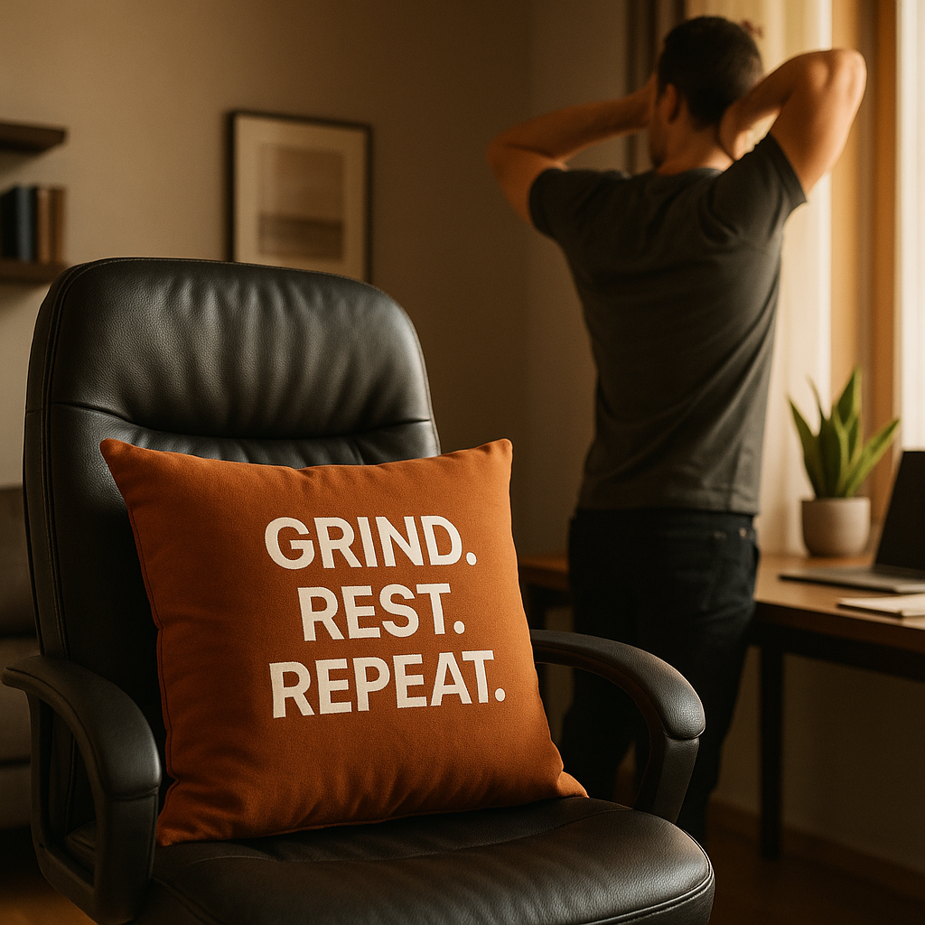 Motivational Throw Pillow — "GRIND. REST. REPEAT." Orange Decorative Accent