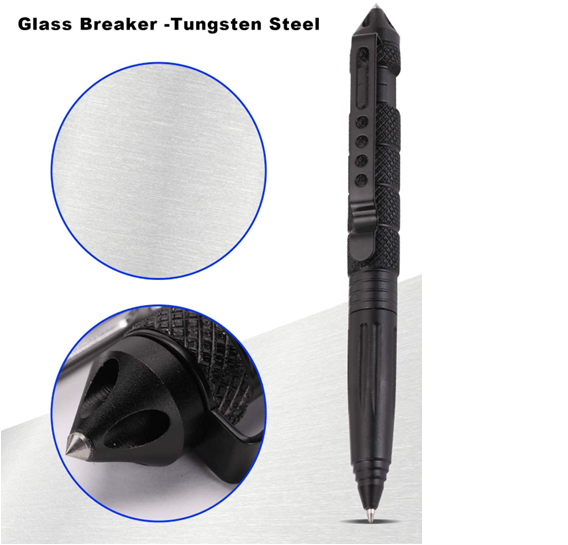 Tactical Pen Emergency Glass Breaker, with 2 Black Ballpoint Refills for Writing, Made of Tungsten Steel & Aluminum (Black)