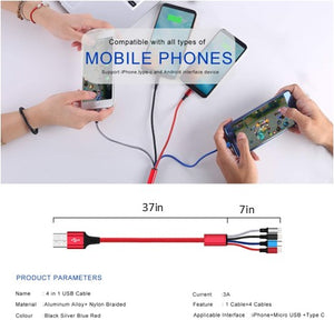 Multi USB Charging Cable 3A, 4 in 1 Fast Charger  with Dual Phone/Type C/Micro USB Port Adapter, Compatible with Tablets/Samsung...