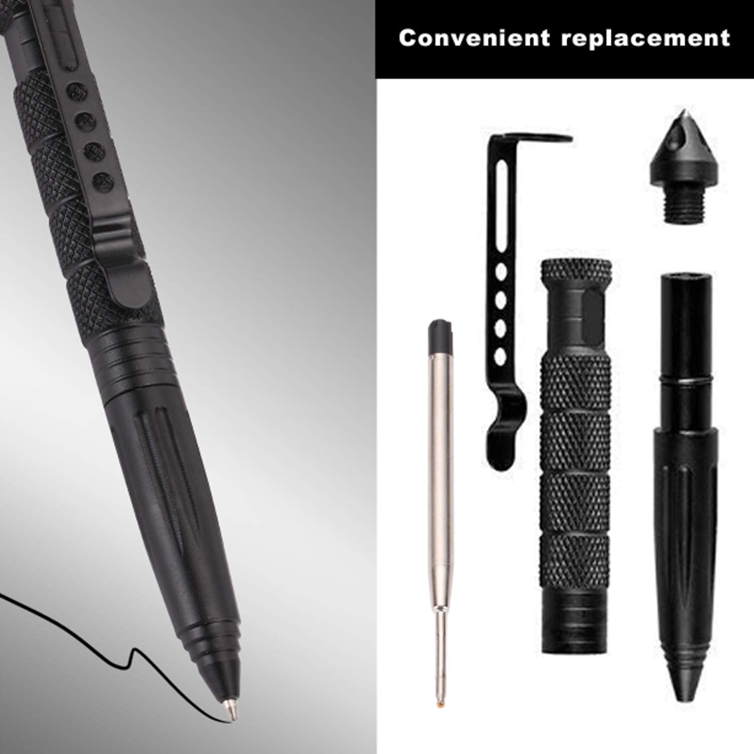 Tactical Pen Emergency Glass Breaker, with 2 Black Ballpoint Refills for Writing, Made of Tungsten Steel & Aluminum (Black)