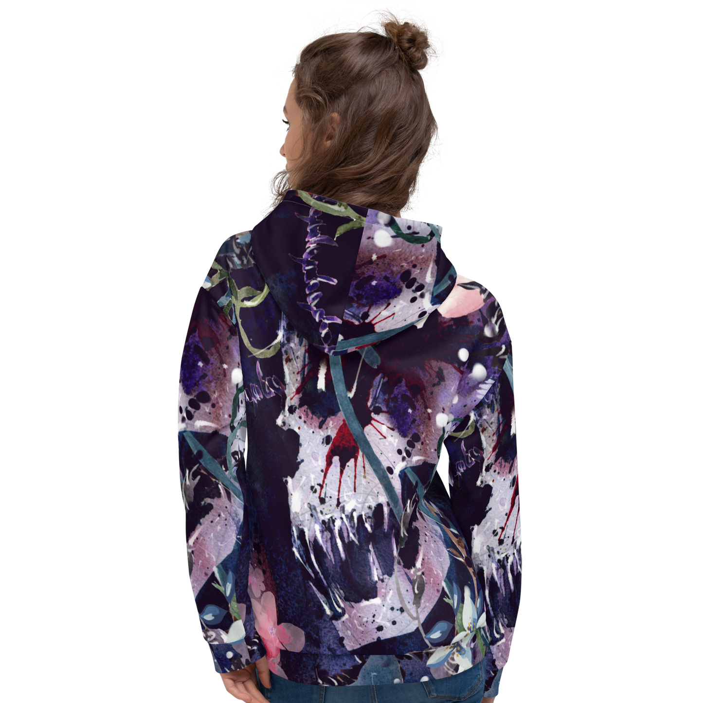 WATERCOLOR SKULL FLORAL ALL OVER PRINT UNISEX HOODIE