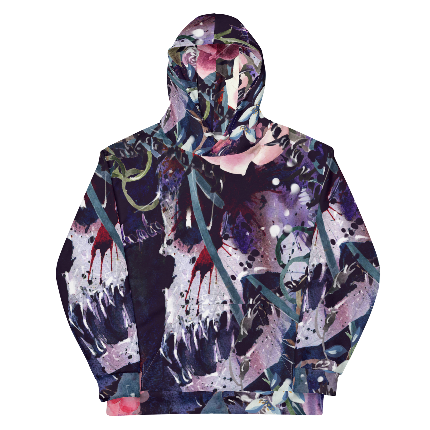 WATERCOLOR SKULL FLORAL ALL OVER PRINT UNISEX HOODIE